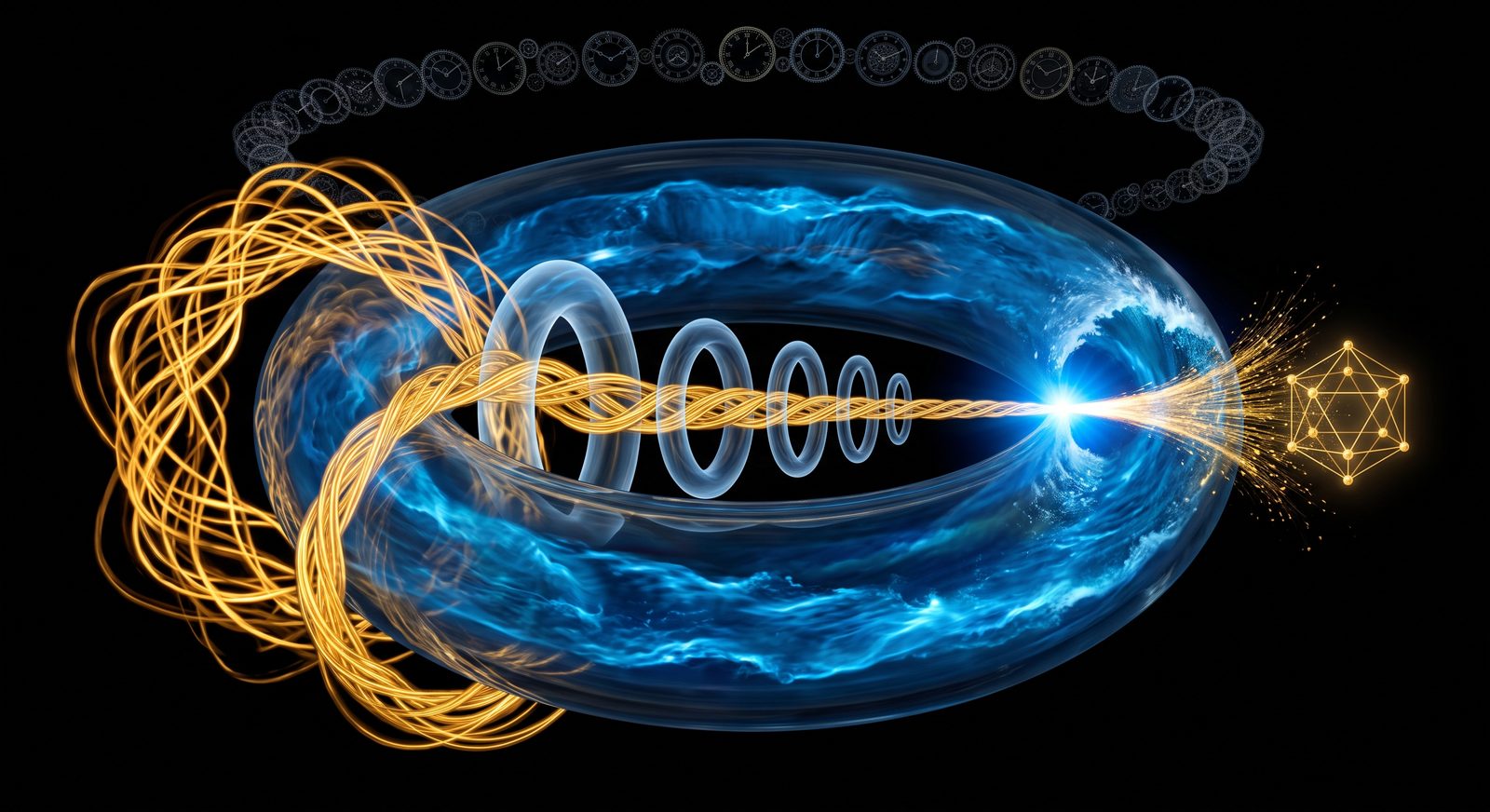 The shape of thought: a golden braid tightening through nested rings around an ocean-filled torus, breaking like a wave into a crystal of nodes and edges, under a ring of clocks.